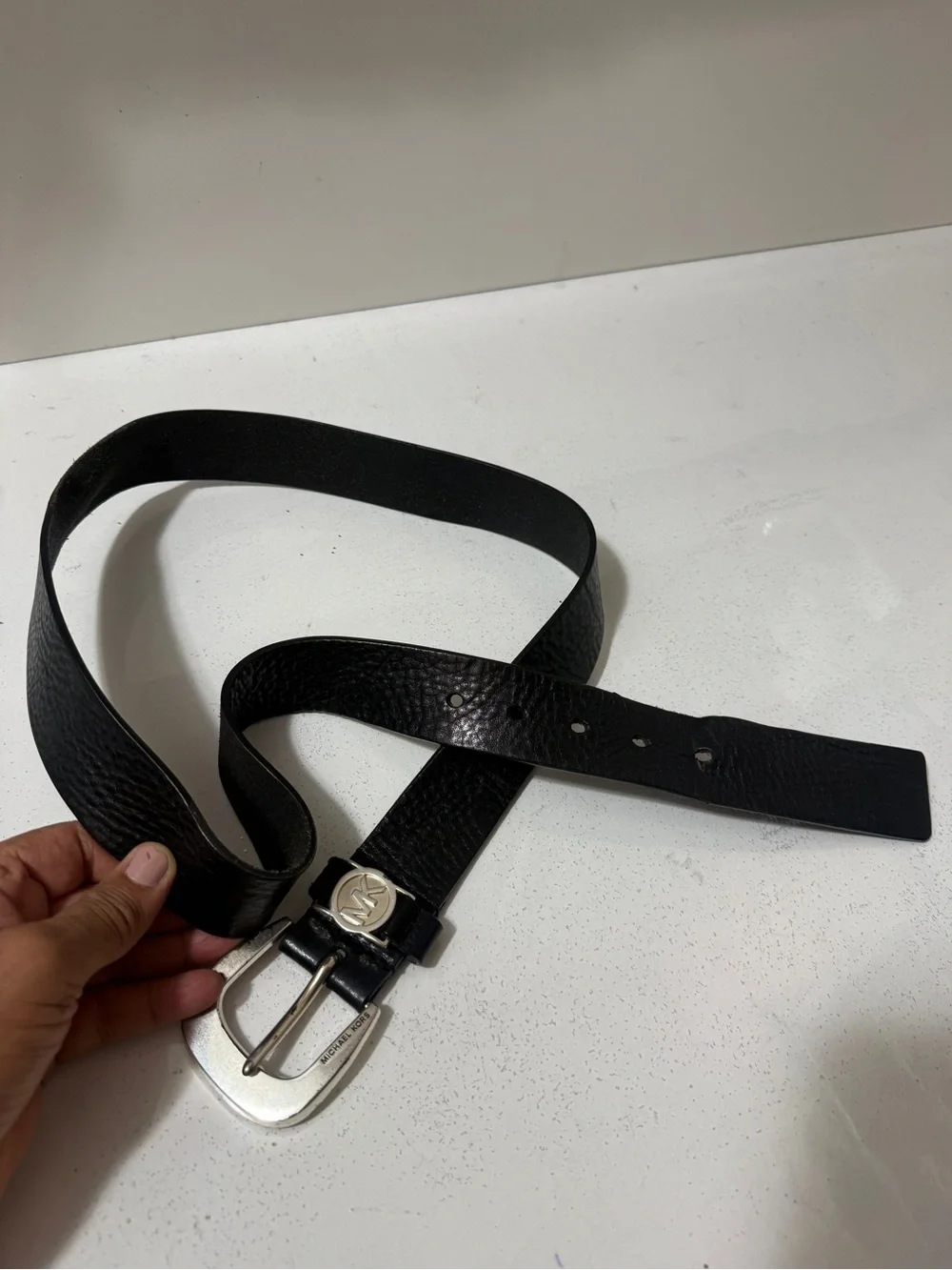 Michael Kors Pure Black Leather Belt with Silver MK Emblem